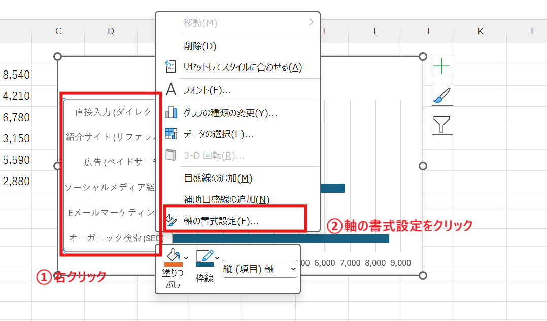 「軸の書式設定」を選択